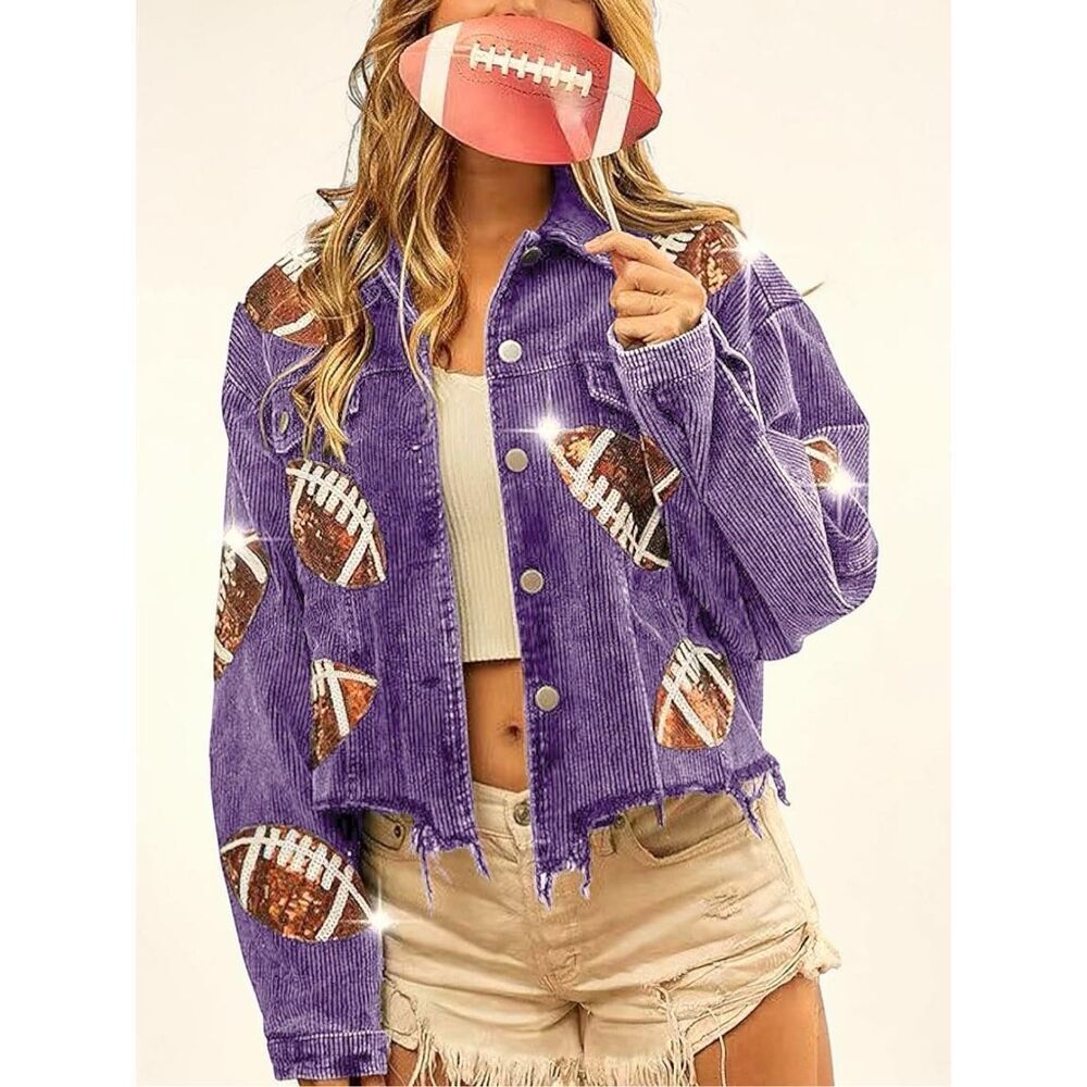BiBi Purple Football Sequin Corduroy Jacket Gameday Raw Hem Shacket XL NEW - Picture 4 of 10